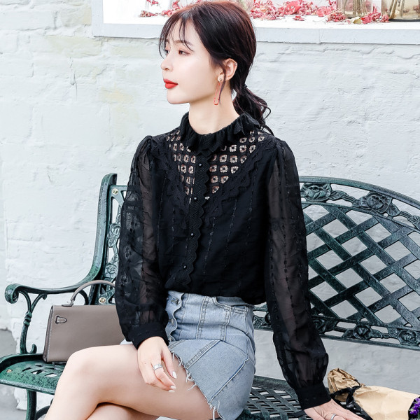 Дамска модерна риза от шифон с дантела и копчета