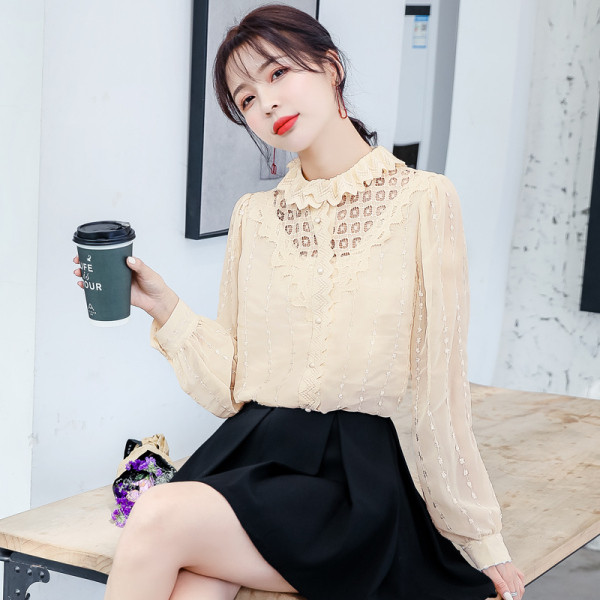 Дамска модерна риза от шифон с дантела и копчета