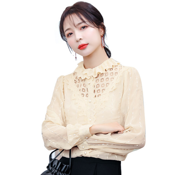 Дамска модерна риза от шифон с дантела и копчета