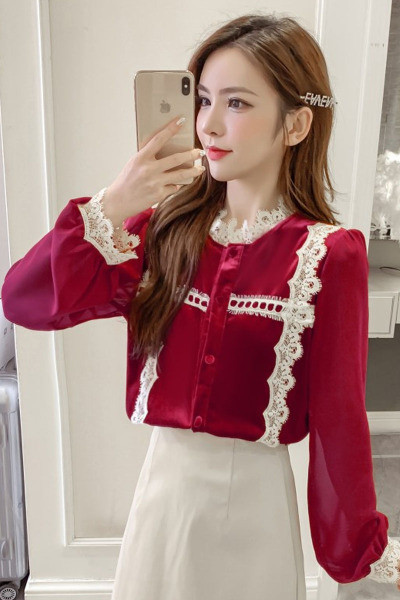 Дамска ежедневна риза в черен и червен цвят с дантела