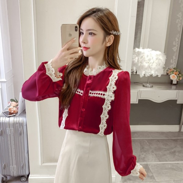 Дамска ежедневна риза в черен и червен цвят с дантела