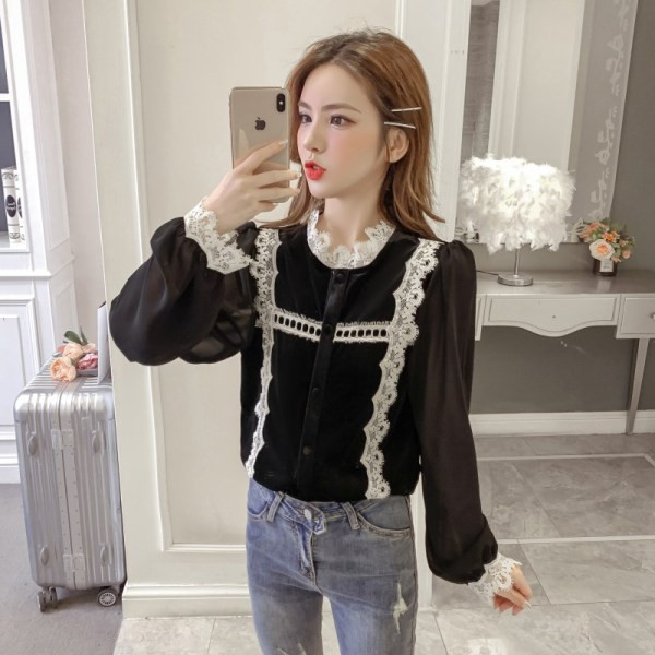 Дамска ежедневна риза в черен и червен цвят с дантела