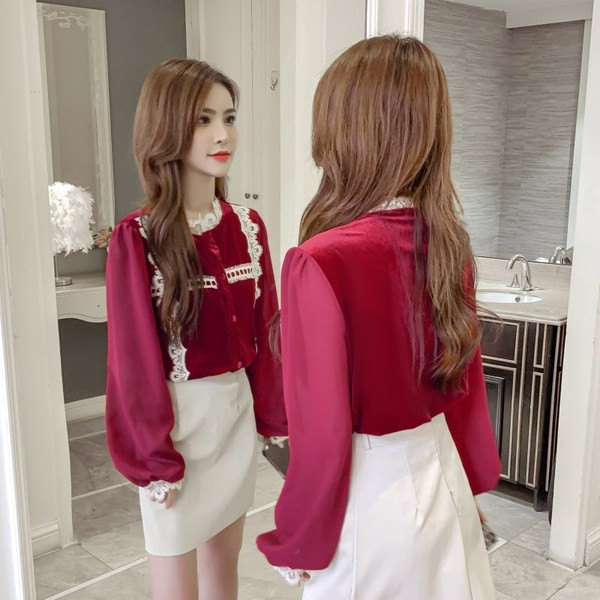 Дамска ежедневна риза в черен и червен цвят с дантела