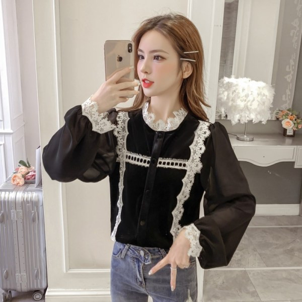 Дамска ежедневна риза в черен и червен цвят с дантела