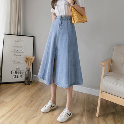 Fusta din blugi de dama croiala cu talie inalta