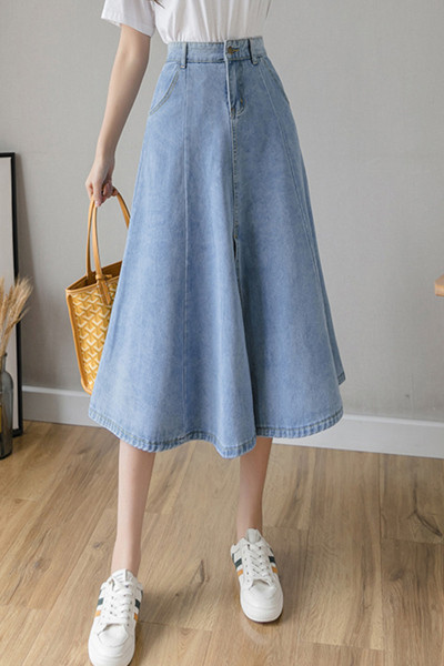 Fusta din blugi de dama croiala cu talie inalta