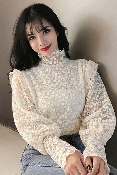 Modern női csipkeblúz három színben, magas gallérral