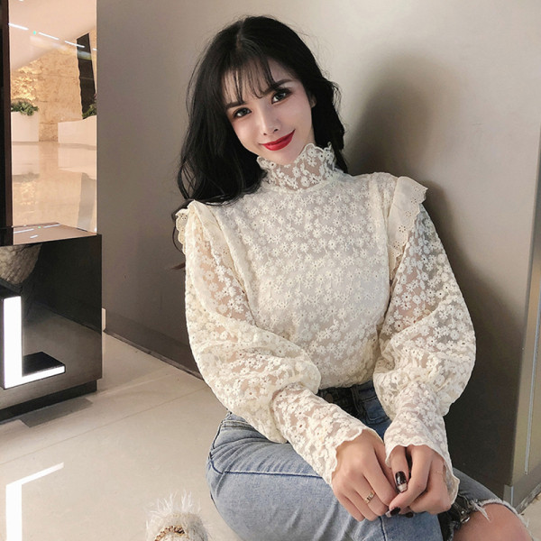 Modern női csipkeblúz három színben, magas gallérral