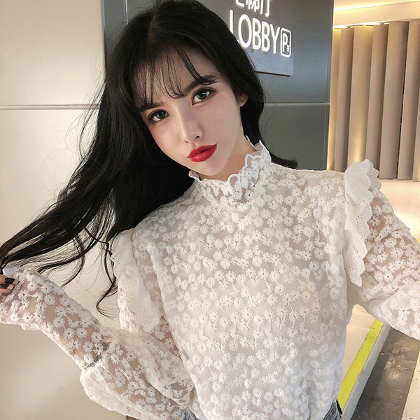 Modern női csipkeblúz három színben, magas gallérral