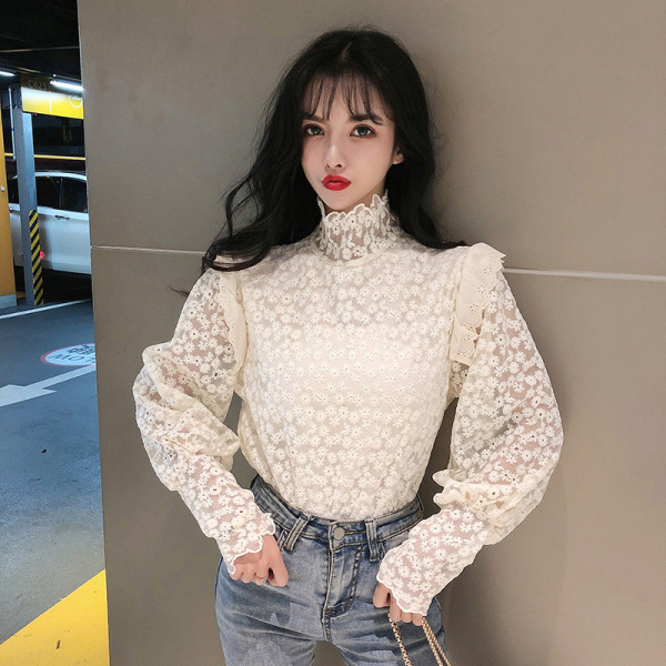 Modern női csipkeblúz három színben, magas gallérral