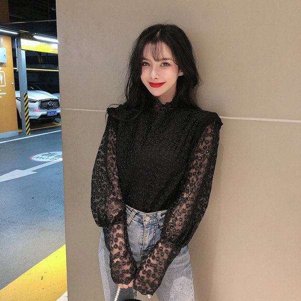 Modern női csipkeblúz három színben, magas gallérral