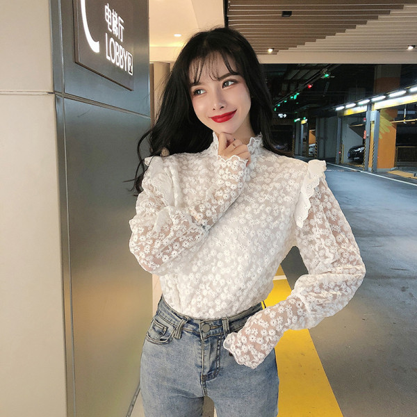 Modern női csipkeblúz három színben, magas gallérral