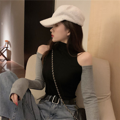 Γυναικεία casual μπλούζα με γυμνά ώμους και ψηλό γιακά