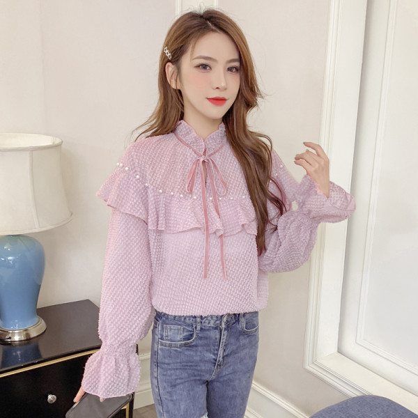 Aktuāla sieviešu blūze ar pusaugstu apkakli ar saitēm un dekoratīvām pērlēm