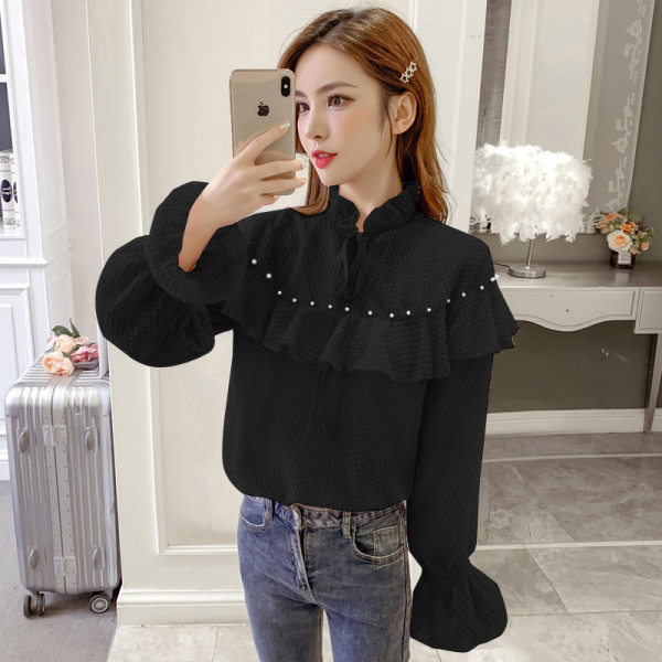 Aktuāla sieviešu blūze ar pusaugstu apkakli ar saitēm un dekoratīvām pērlēm