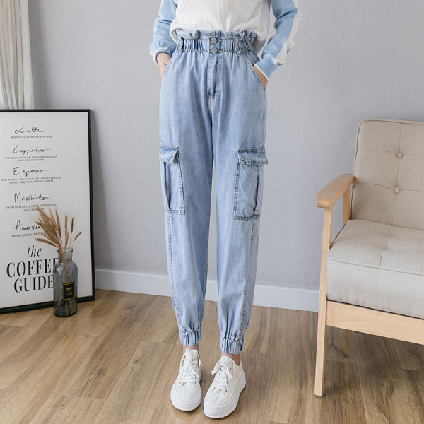 Paprasti moteriški džinsai su kišenėmis ir elastingu juosmeniu