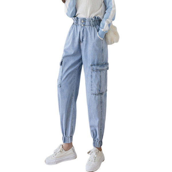 Paprasti moteriški džinsai su kišenėmis ir elastingu juosmeniu