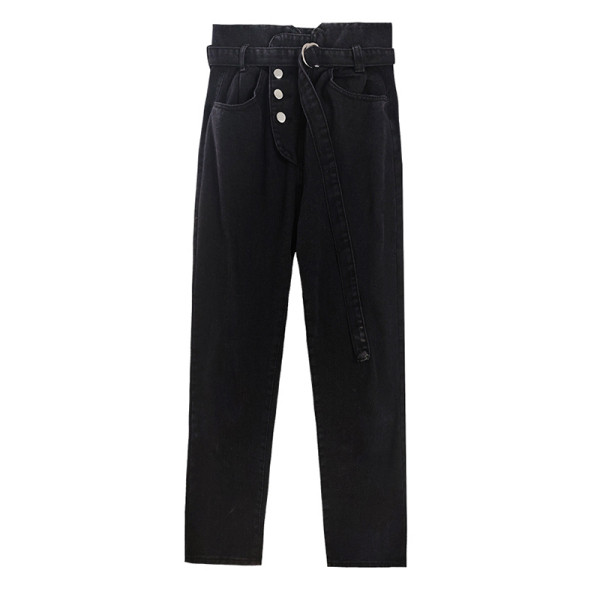 Ikdienas sieviešu džinsi ar augstu vidukli un jostu melnā krāsā