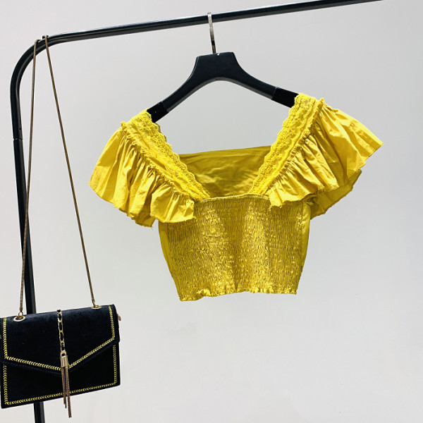 Bluză de damă modernă cu decolteu pătrat, broderie și mâneci scurte