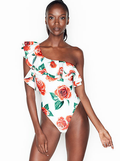 Цветен цял бански костюм с флорален десен и една презрамка