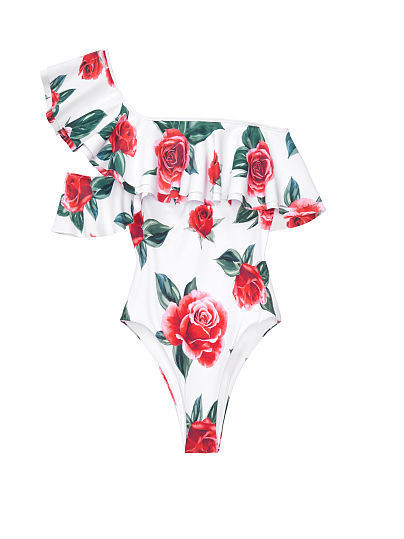 Цветен цял бански костюм с флорален десен и една презрамка