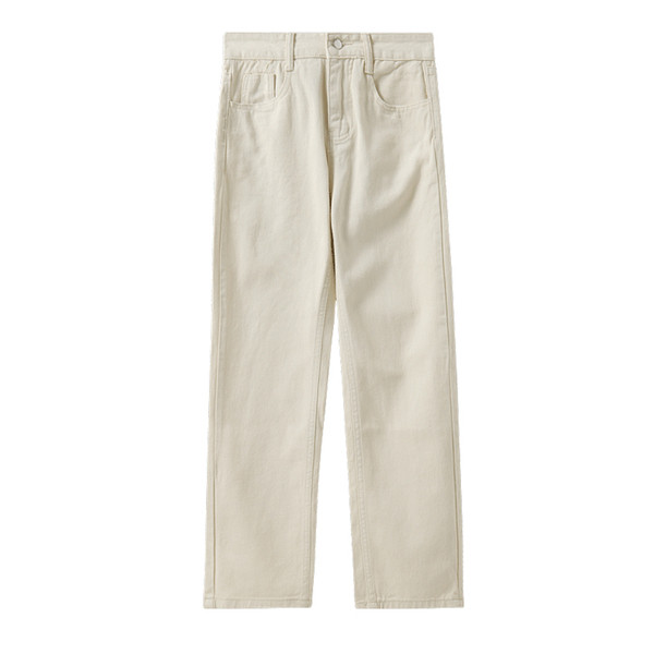 Paprasti moteriški ilgi platūs džinsai aukštu juosmeniu ir kišenėmis