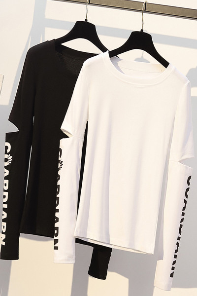 Дамска ежедневна блуза с овално деколте и дълъг ръкав с изрязани части