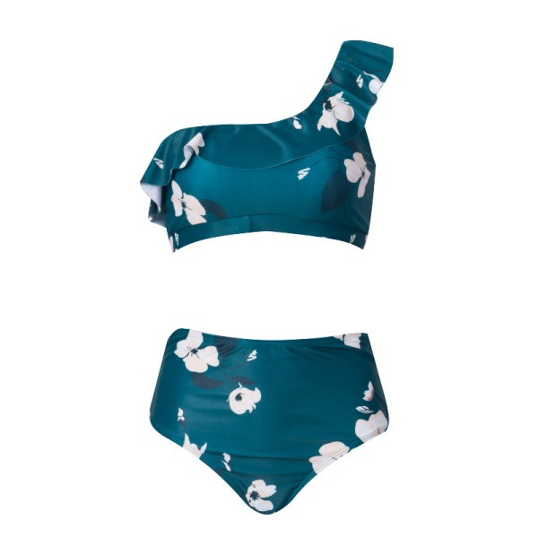 Dviejų dalių maudymosi kostiumėlis su viršutine dalimi su vienu dirželiu ir garbanomis