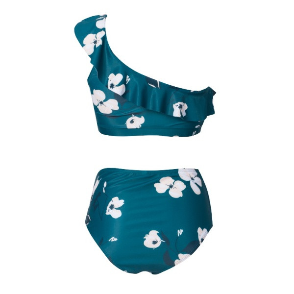 Dviejų dalių maudymosi kostiumėlis su viršutine dalimi su vienu dirželiu ir garbanomis