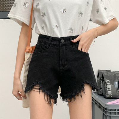 Ikdienas sieviešu īsie džinsi ar saplēstu labo un augstu vidukli