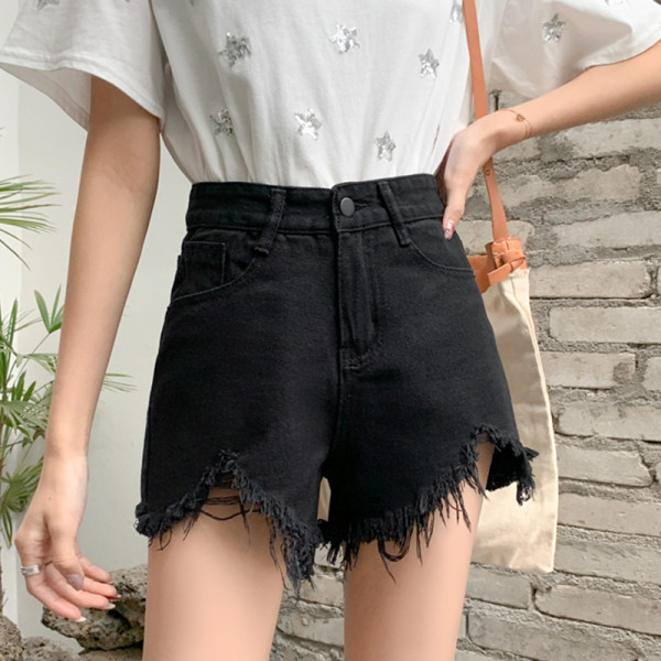 Ikdienas sieviešu īsie džinsi ar saplēstu labo un augstu vidukli