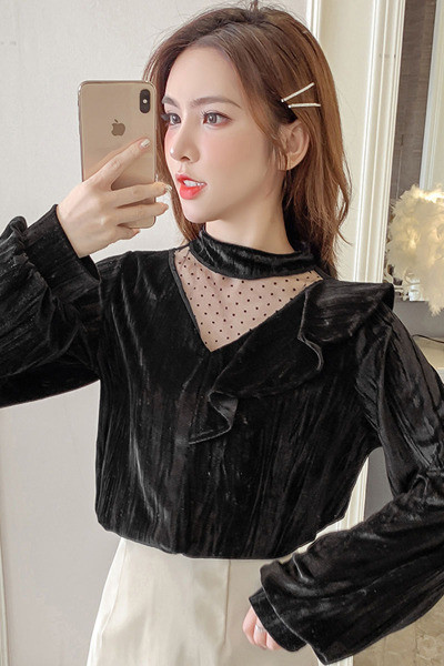 Дамска блуза широк модел в черен и червен цвят с овално деколте