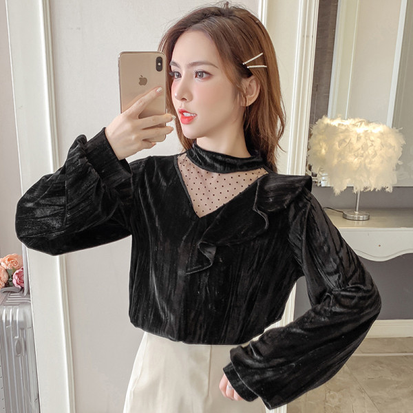 Дамска блуза широк модел в черен и червен цвят с овално деколте