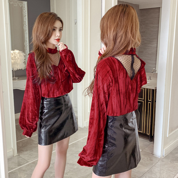 Дамска блуза широк модел в черен и червен цвят с овално деколте