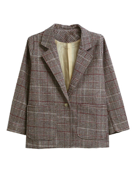 Stilīga rūtaina sieviešu jaka ar V veida kakla izgriezumu un kabatām