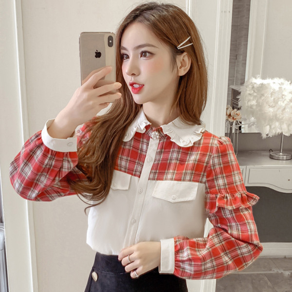 Retro stila sieviešu krekls ar klasisku apkakli un garām piedurknēm