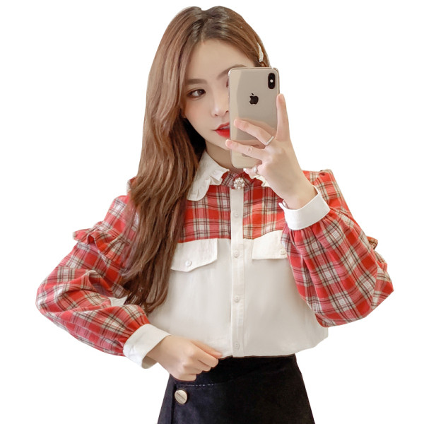 Retro stila sieviešu krekls ar klasisku apkakli un garām piedurknēm