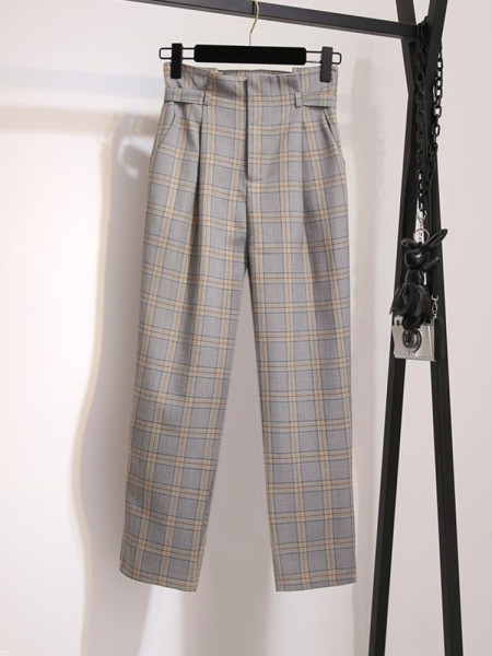 Стилен дамски кариран панталон прав модел с висока талия