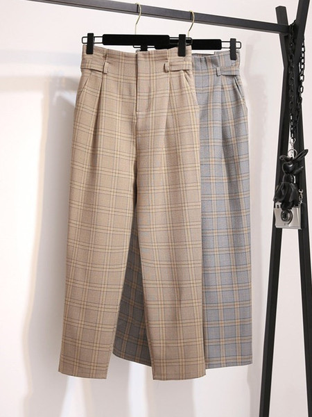 Стилен дамски кариран панталон прав модел с висока талия