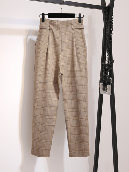 Стилен дамски кариран панталон прав модел с висока талия