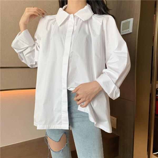 Laisvalaikio moteriški marškiniai klasikine apykakle ir ilgomis rankovėmis – plataus modelio