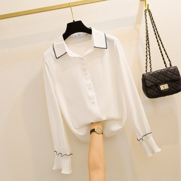 Naujo modelio moteriški marškiniai su klasikine šifonine apykakle