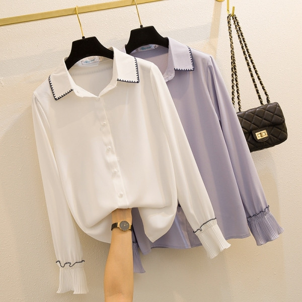 Naujo modelio moteriški marškiniai su klasikine šifonine apykakle