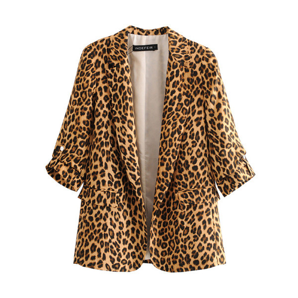 Sieviešu moderna jaka ar 3/4 piedurknēm un leoparda apdruku