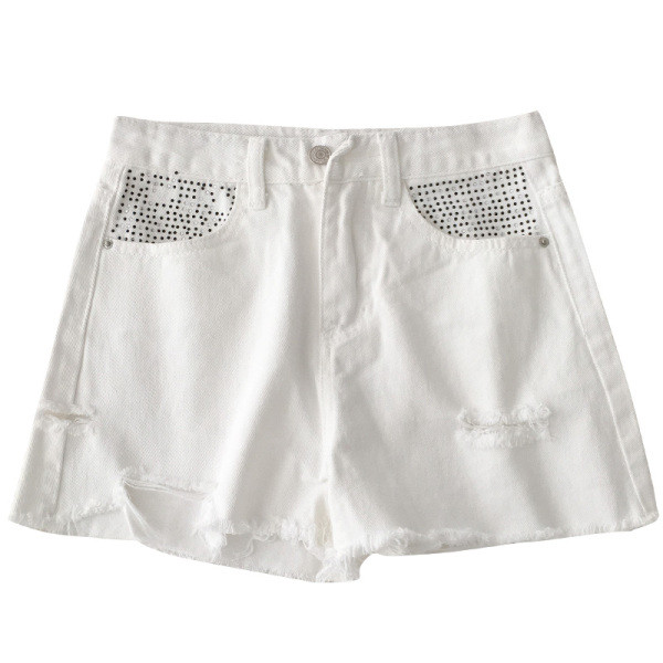 Balti moteriški šortai aukštu liemeniu, plėšytais motyvais ir akmenukais