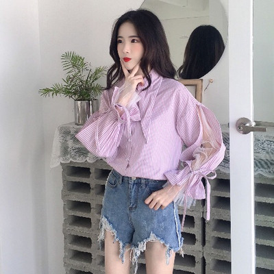 Стилна дамска раирана риза с дълъг ръкав и класическа яка