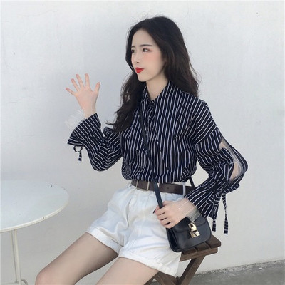 Стилна дамска раирана риза с дълъг ръкав и класическа яка