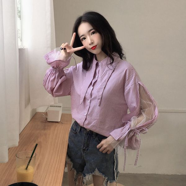 Стилна дамска раирана риза с дълъг ръкав и класическа яка