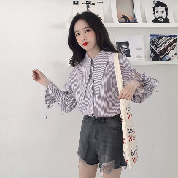 Стилна дамска раирана риза с дълъг ръкав и класическа яка