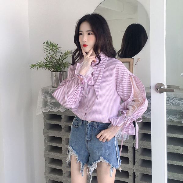 Стилна дамска раирана риза с дълъг ръкав и класическа яка